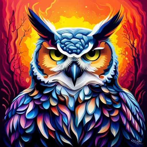 Mechanical Great Horned Owl in Graffiti Art