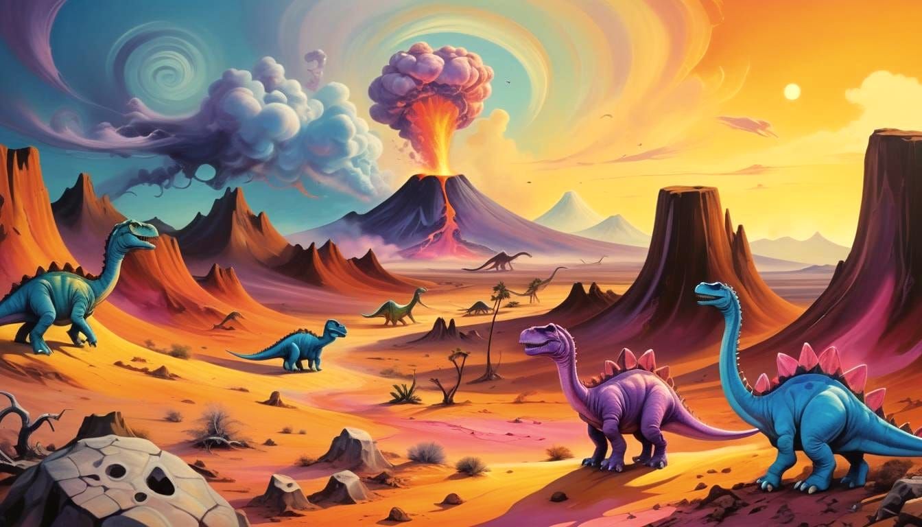 Cartoon Dinosaurs in Surreal Jurassic Landscape