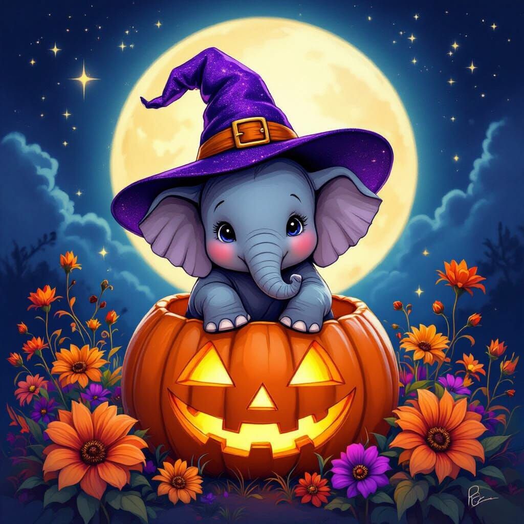 Elephant in Jack-O-Lantern, Neon Art Style