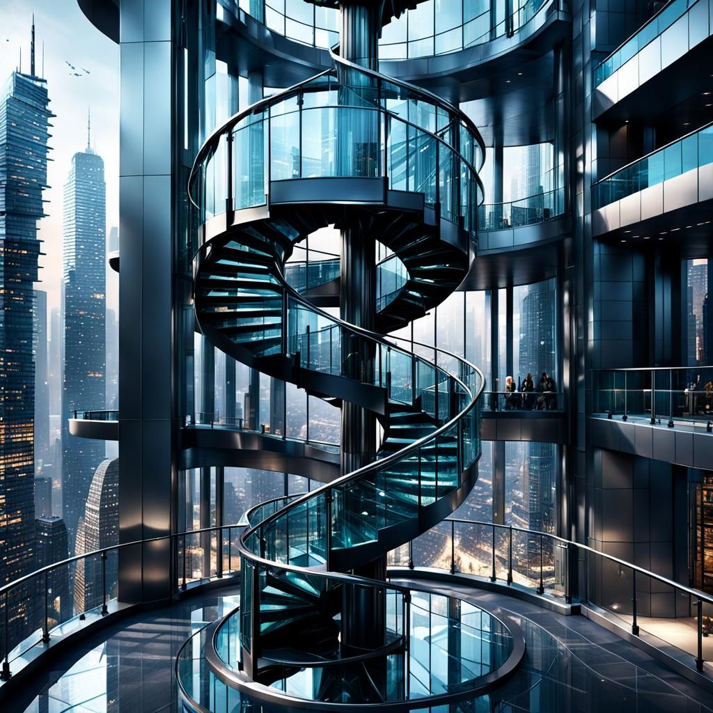 A modern spiral staircase made of glass and steel that winds...