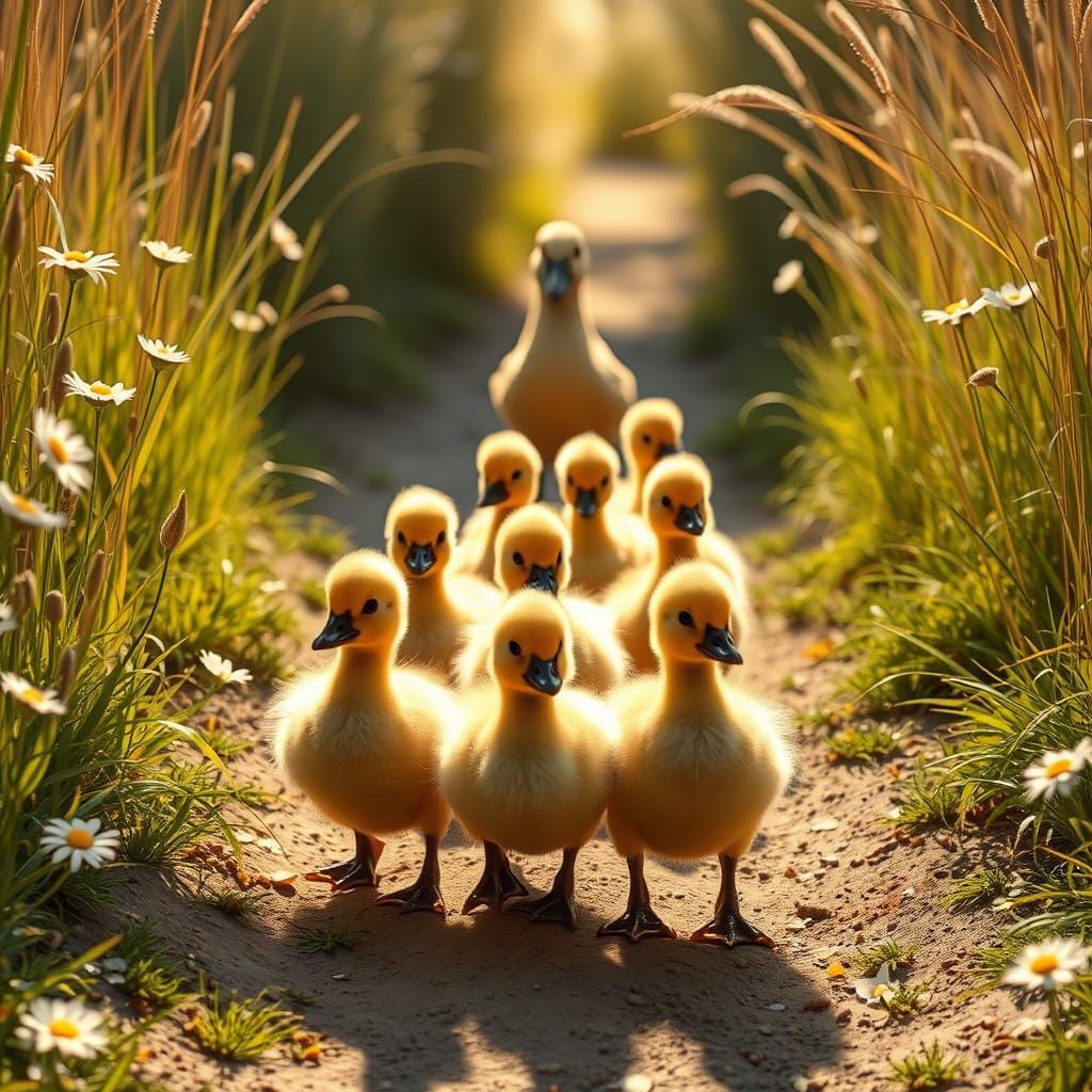Cute Ducklings Waddle Through a Whimsical Landscape in a Dre...