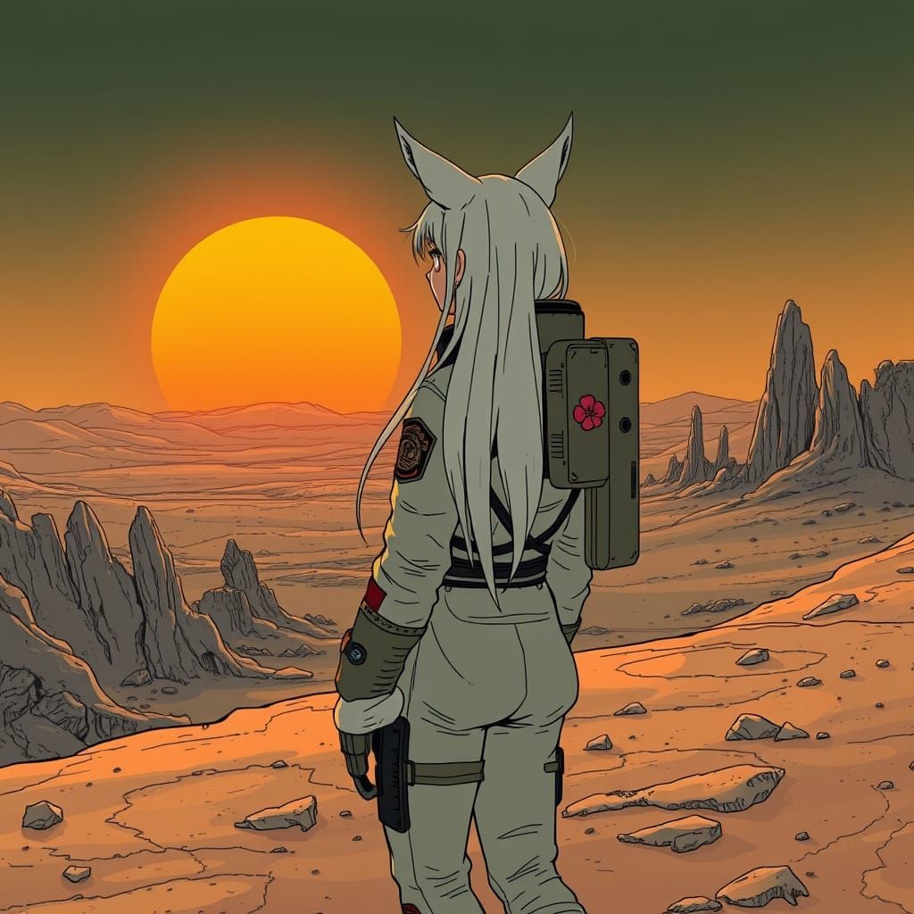 Astronaut Wolf Girl on Alien Planet at Sunset