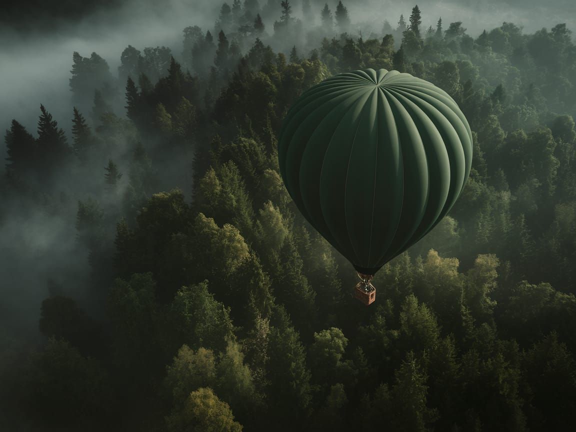 Hot Air Balloon Soars Above Dense Forest in Moody, Cinematic...