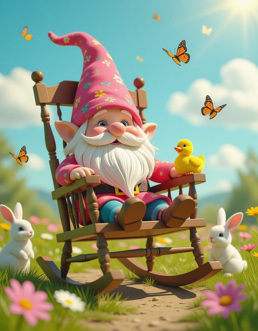 Whimsical Gnome Scene with Pink Rocking Chair