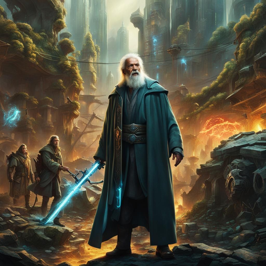 Druid Summons Nature Spirits in Cyberpunk Cityscape