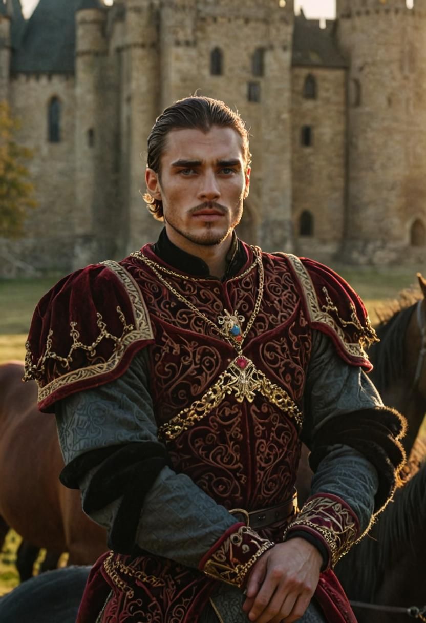 Medieval Lord in Field with Castle, Photorealistic Style