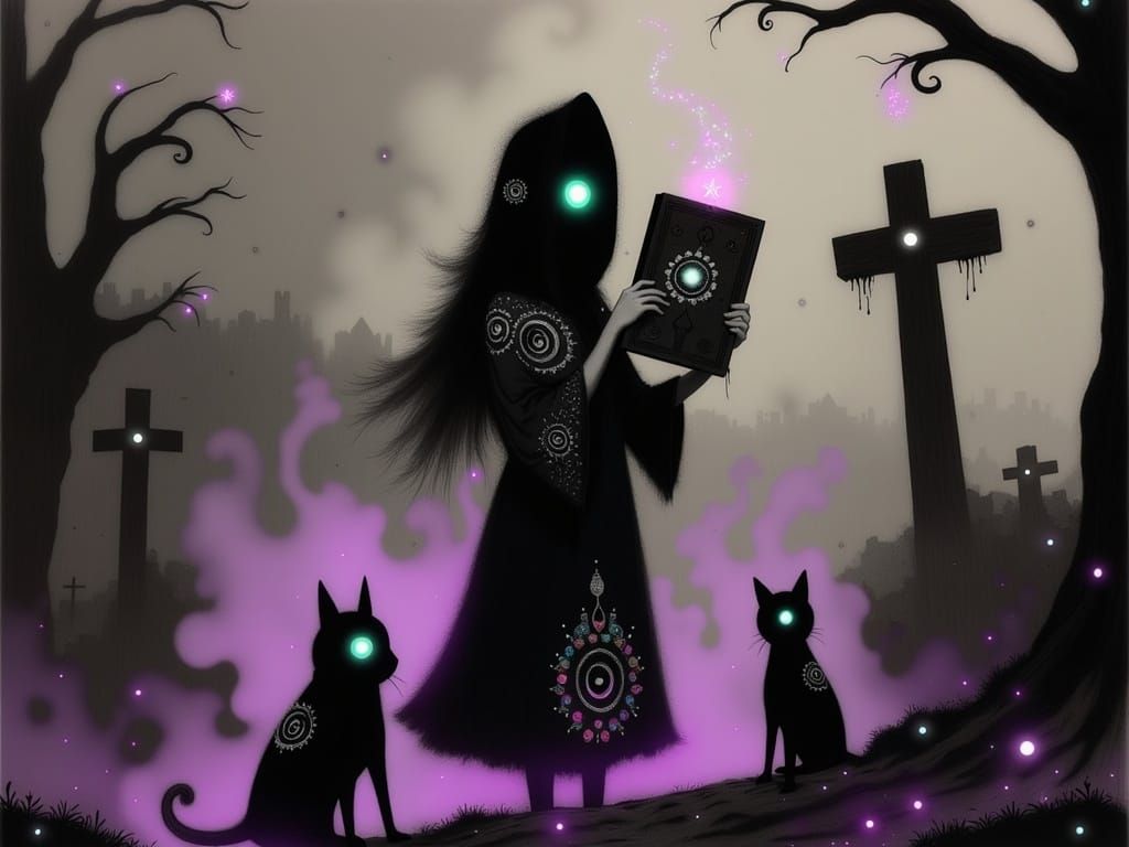 Halloween Witch Casting a Spell in Cemetery