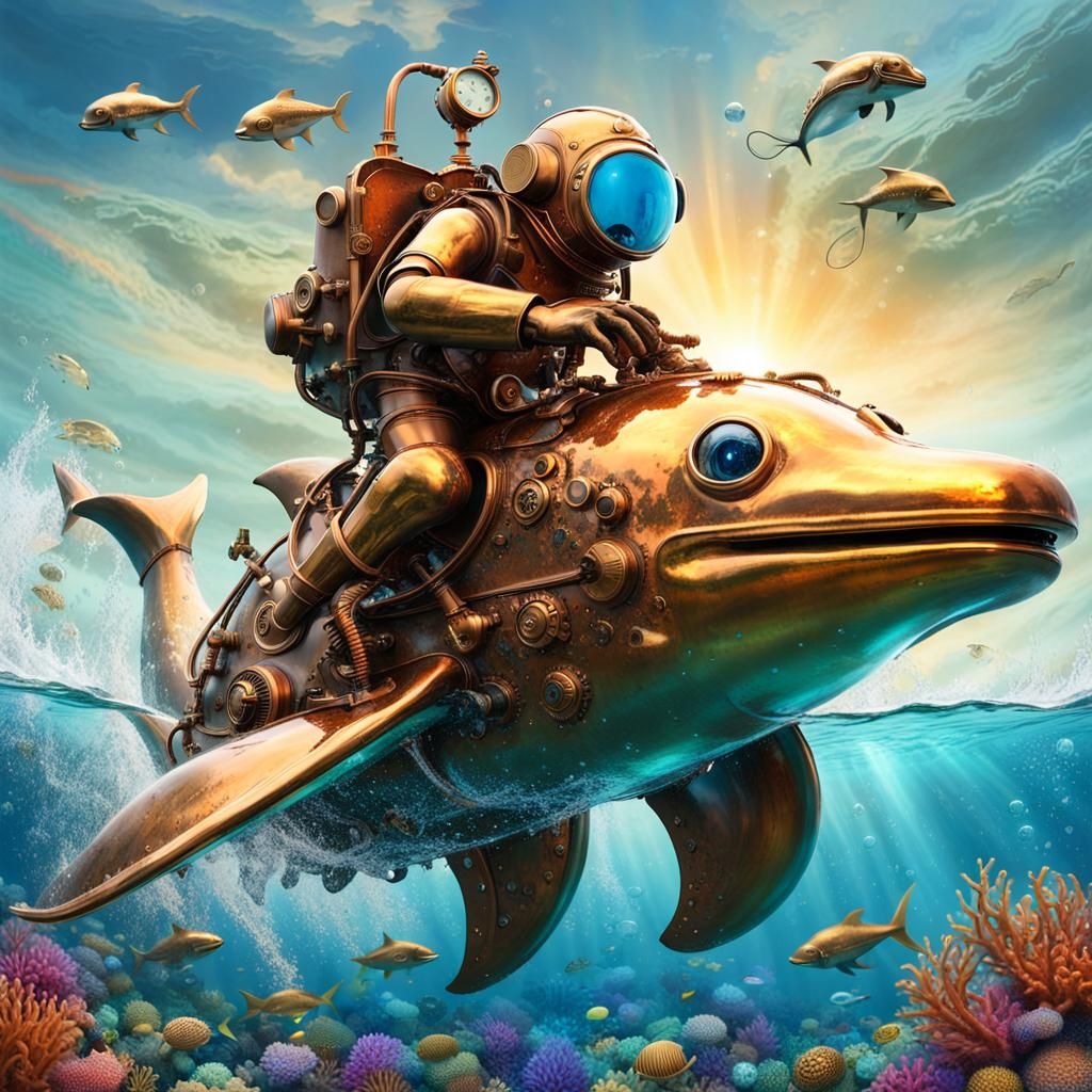 Steampunk Dolphin Ride in Tropical Ocean