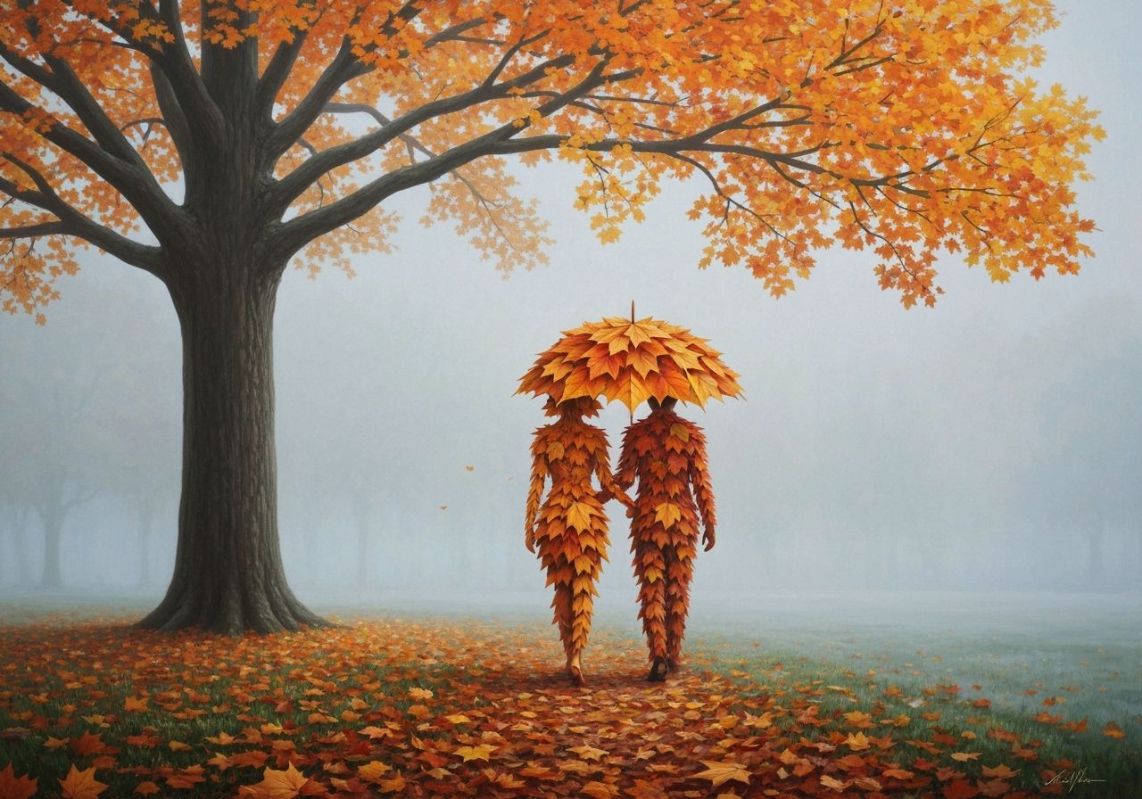 Couple Made of Autumn Leaves Walks in Foggy Day