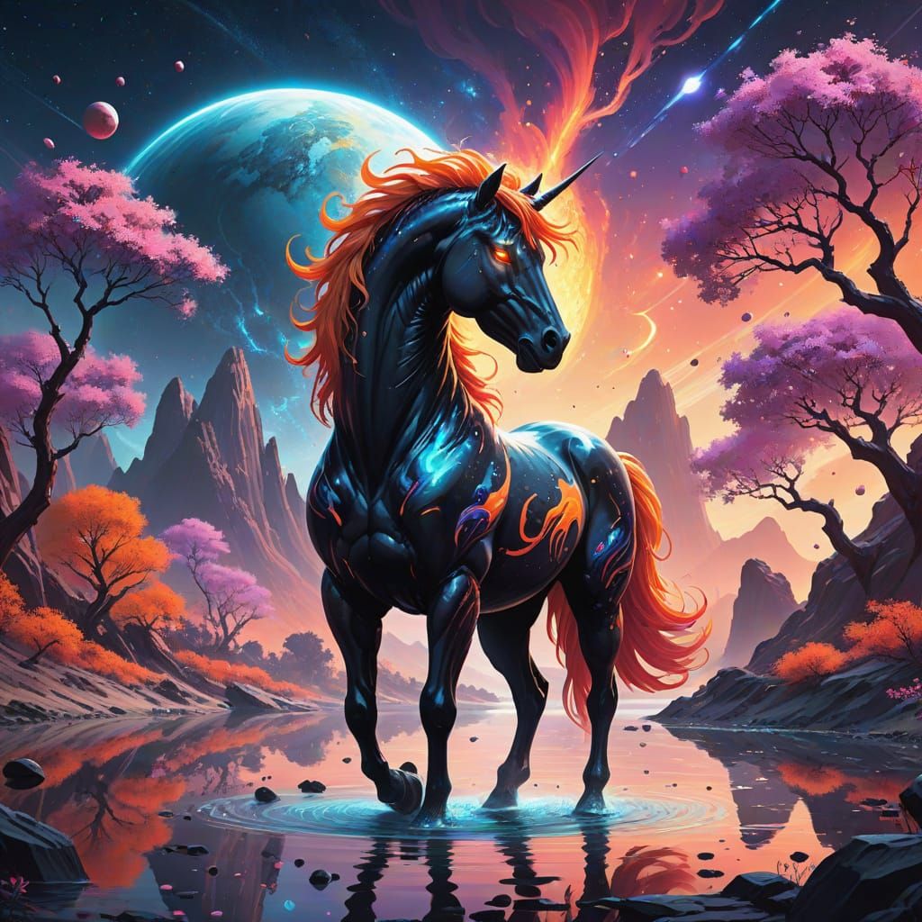 Majestic Cosmic Black Stallion in Retro-Futurism Digital Pai...