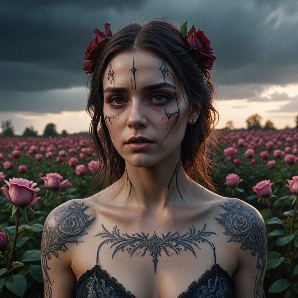 Ethereal Woman with Dark Tattoos in Wilting Rose Field