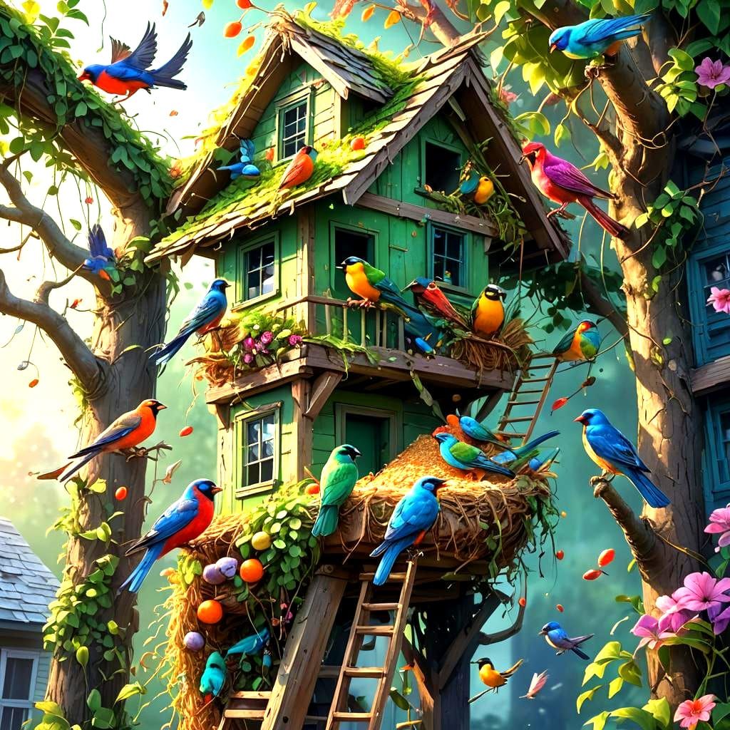 Colorful Birds at Nest: Detailed Matte Painting