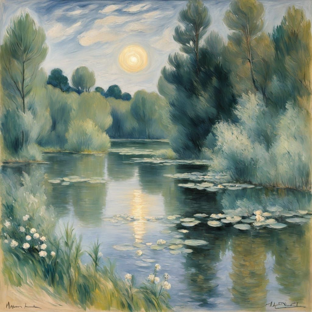 Dreamy Moonlit Lake in Impressionist Style