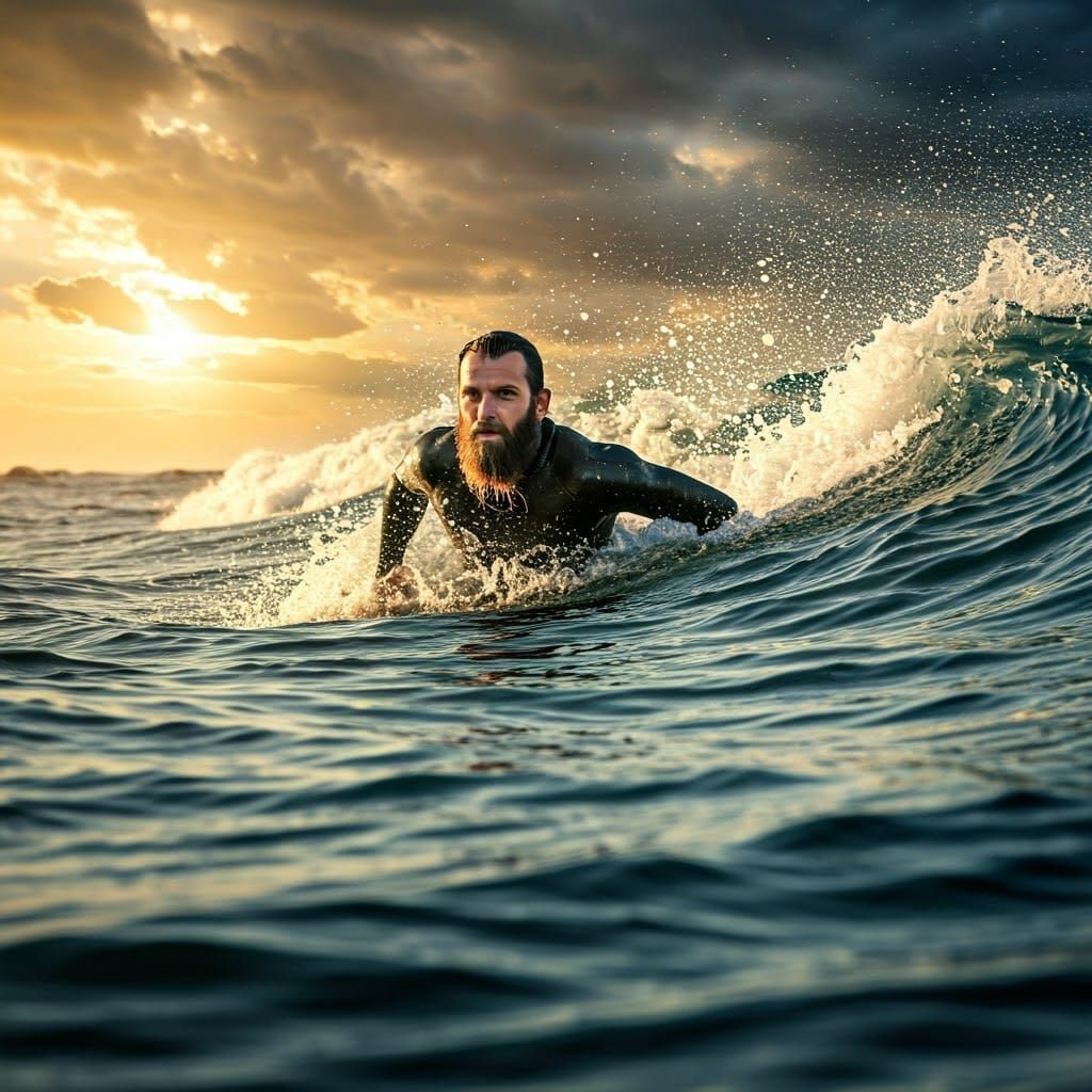 Rugged Bearded Man Battles Stormy Ocean Waves