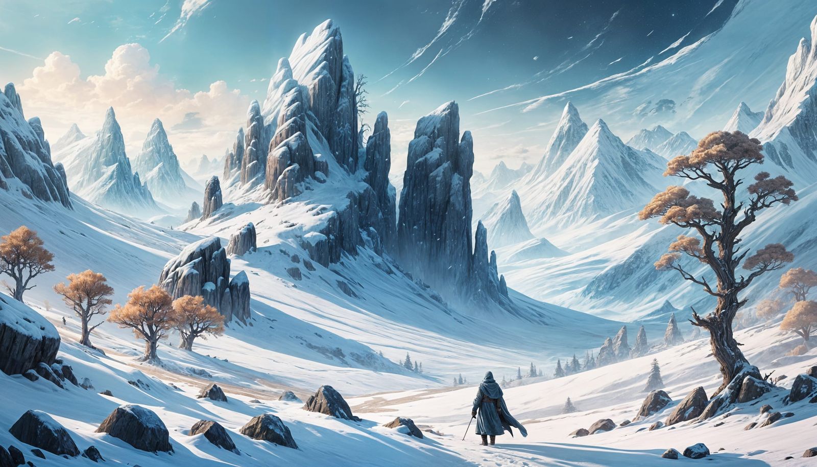 Sweeping Tundra Landscape with Cloaked Figure