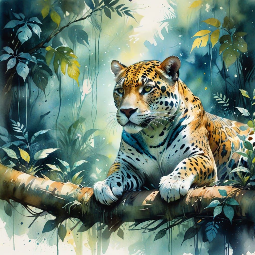 Dreamy Amazonian Jaguar in Vibrant Watercolour