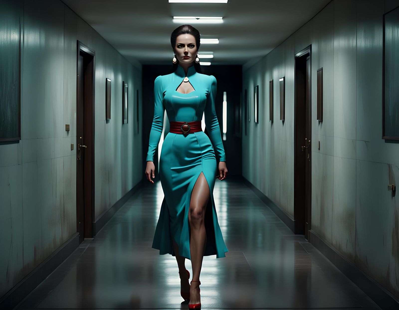 Brunette Woman in Red Walking Down Dark Corridor