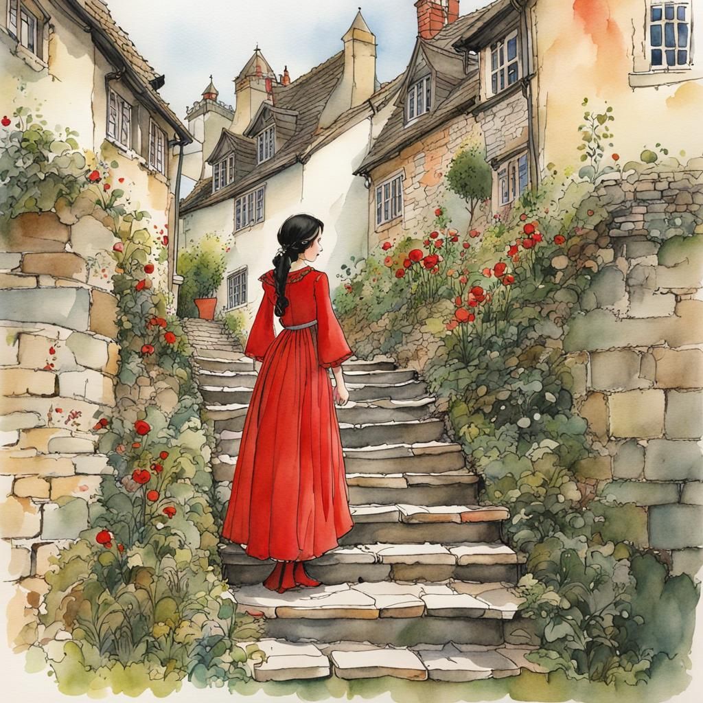 Medieval Maiden in Red Dress Illustration