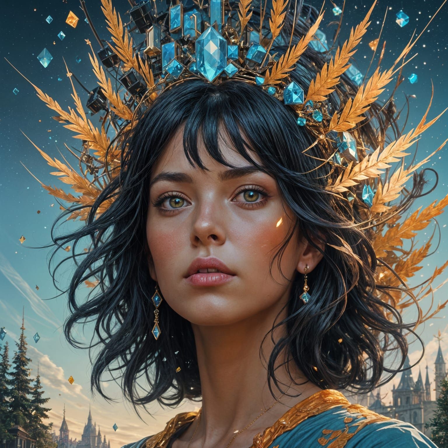 French Girl's Face with Swarovski Crystals in Modern Style