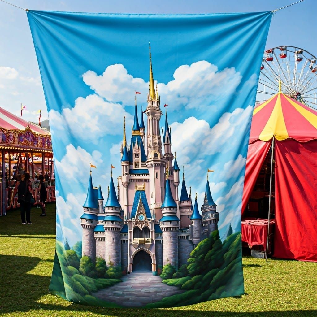 Surreal Castle Scene on Majestic Silk Mural in Vibrant Dream...