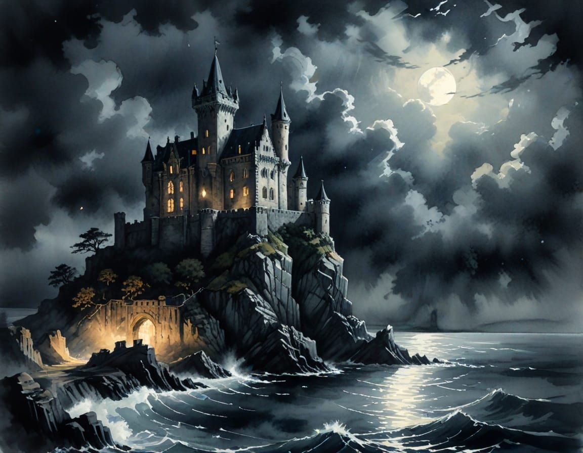 Gothic Castle by Moonlight: Watercolor Painting