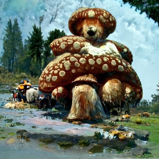 Giant teddy bear in a mushroom field