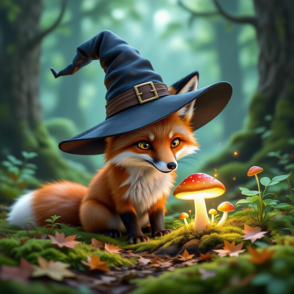 Mischievous Fox Steals Glowing Mushroom in Enchanted Forest