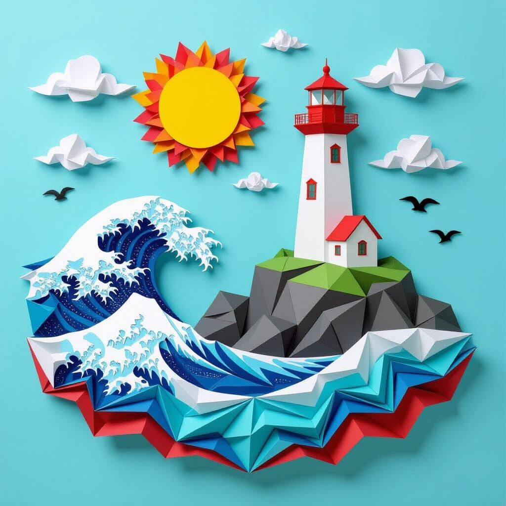 Origami Lighthouse Amidst Stormy Seas