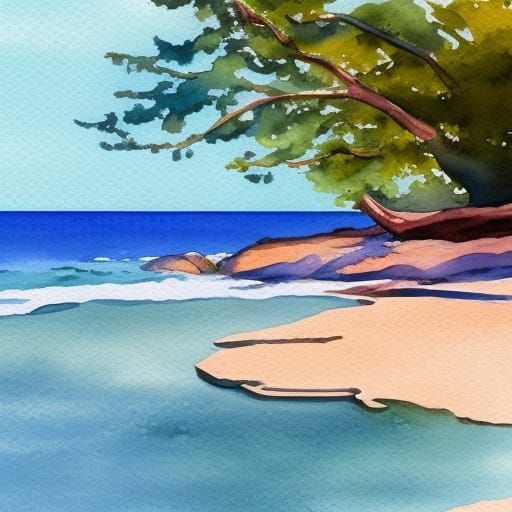 Watercolor Painting of a Sunny Beach Cove