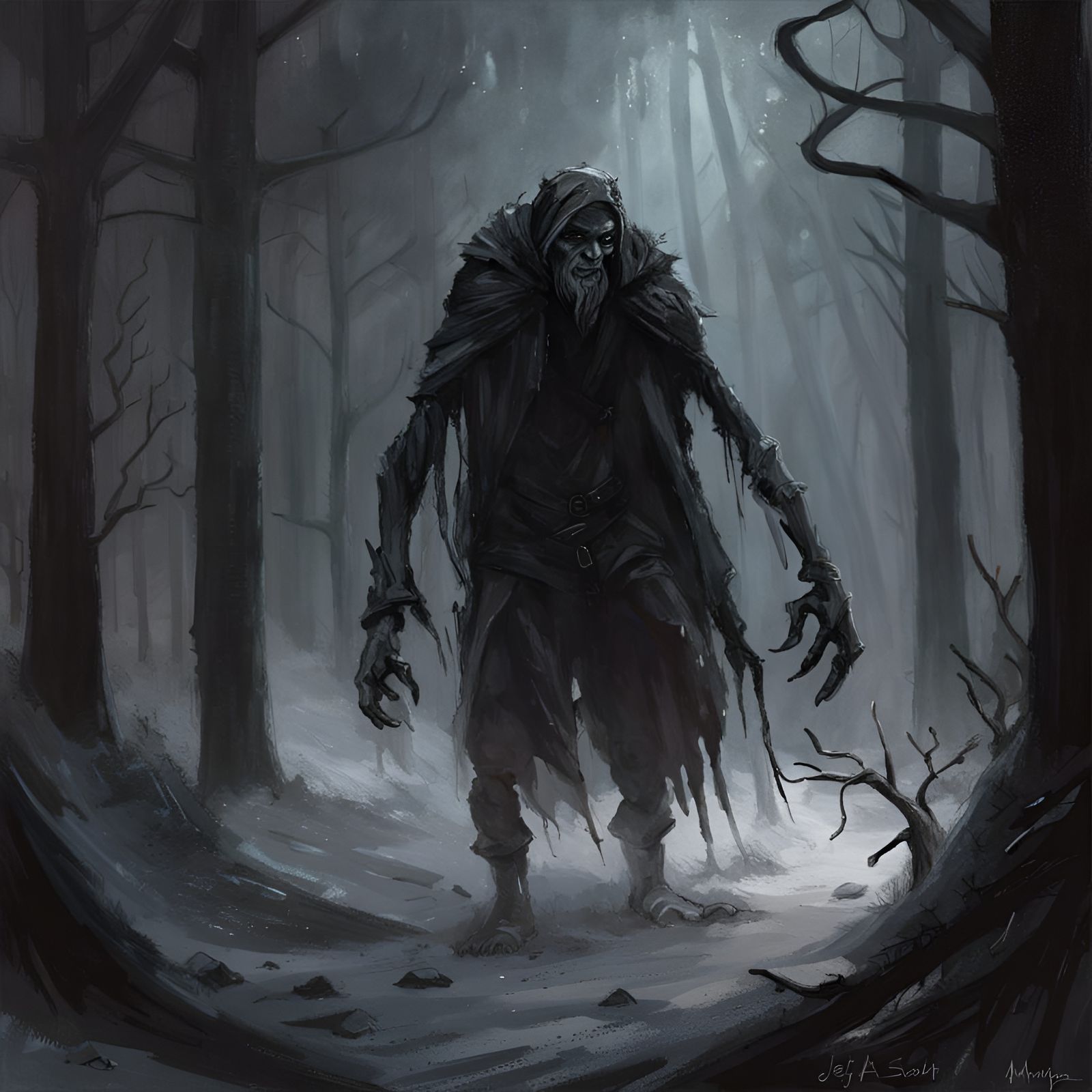 Scavenging Ghoul in Frosty Forest, Drybrush Painting