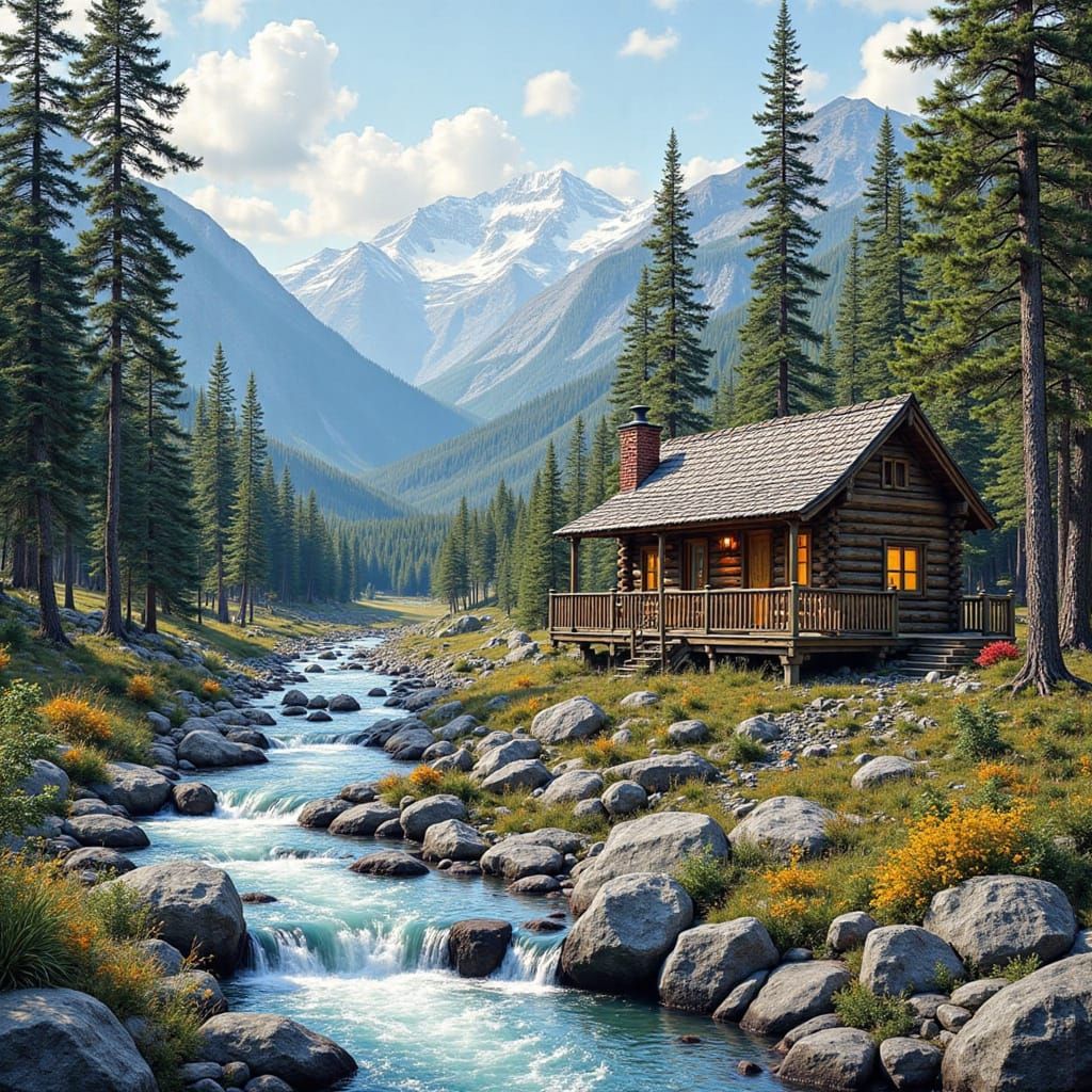 Shack in the mountains next to a flowing rapids river by Ama...