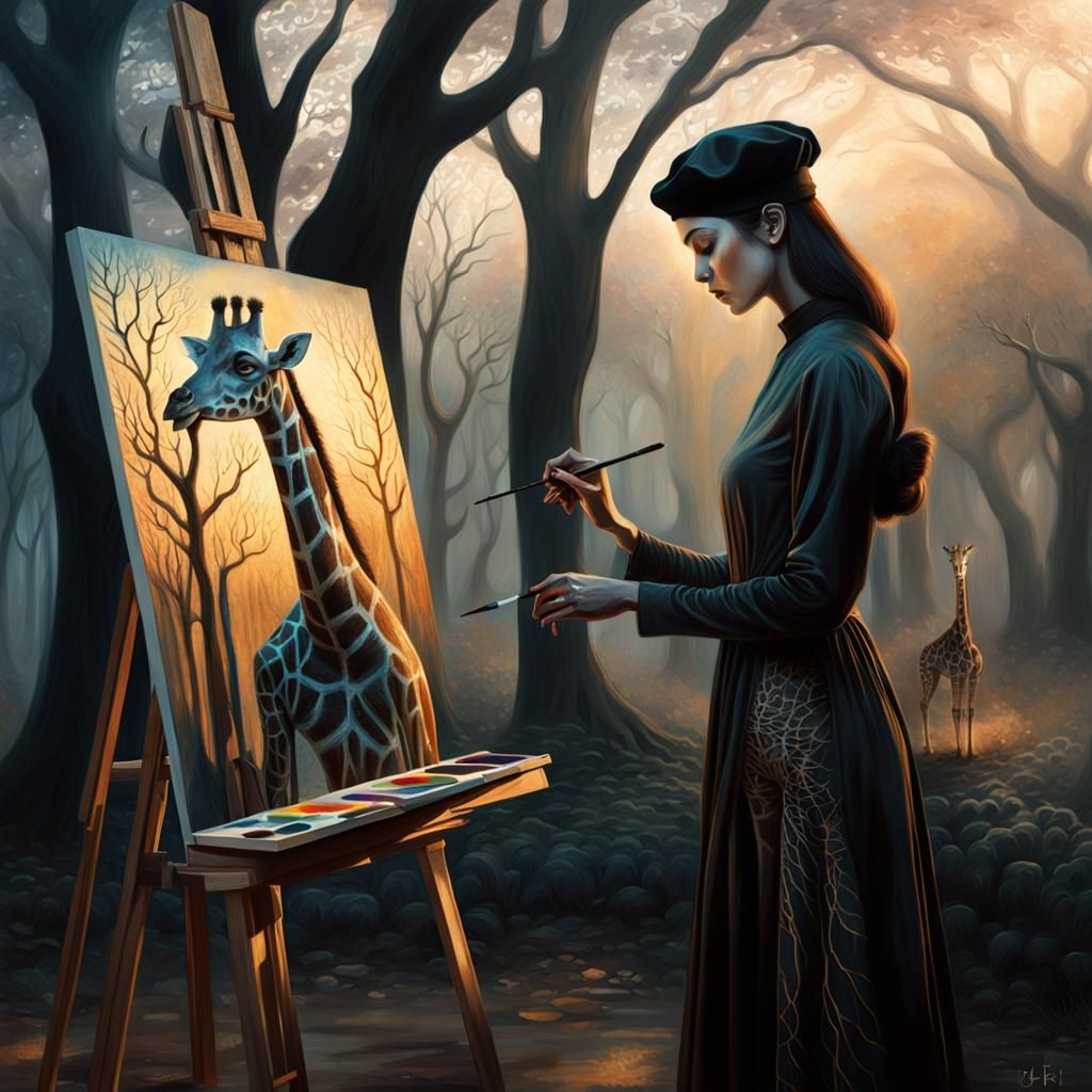 Woman Painting Giraffe Portrait in Fantasy Art Style