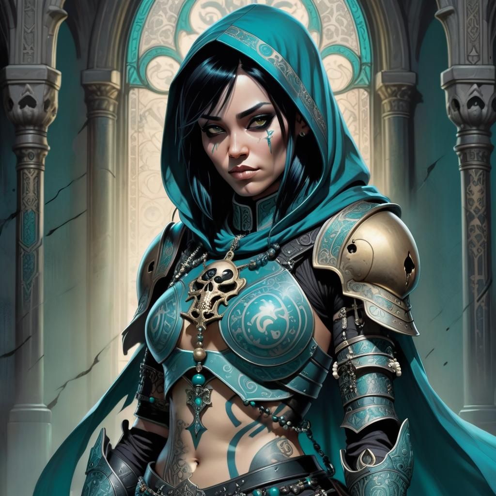 Gothic Comic Art: Female Cleric with Teal Streak