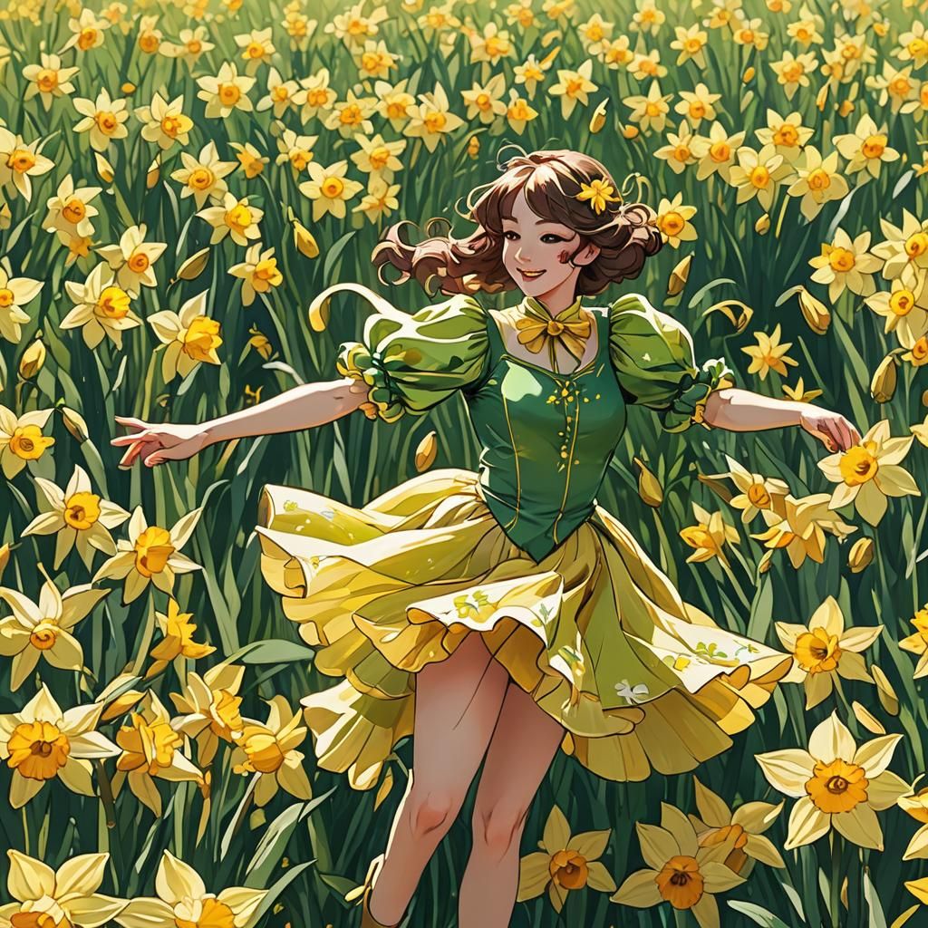 Daffodil Dancer in Anime Style with Dappled Light