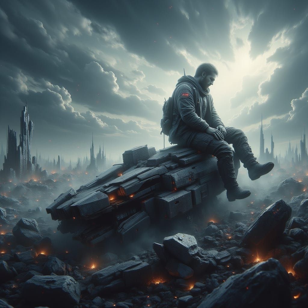 Mech Pilot Surveys Wreckage in Ominous Landscape