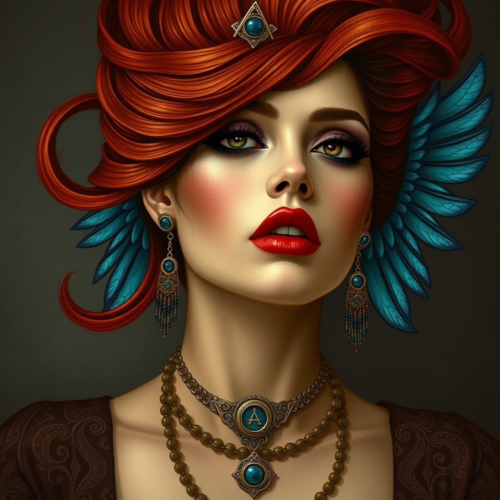 Surreal Portrait of a Strong Red-Headed Woman in Deep Brown...