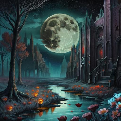 Bloodmoon Landscape in Digital Watercolor Illustration