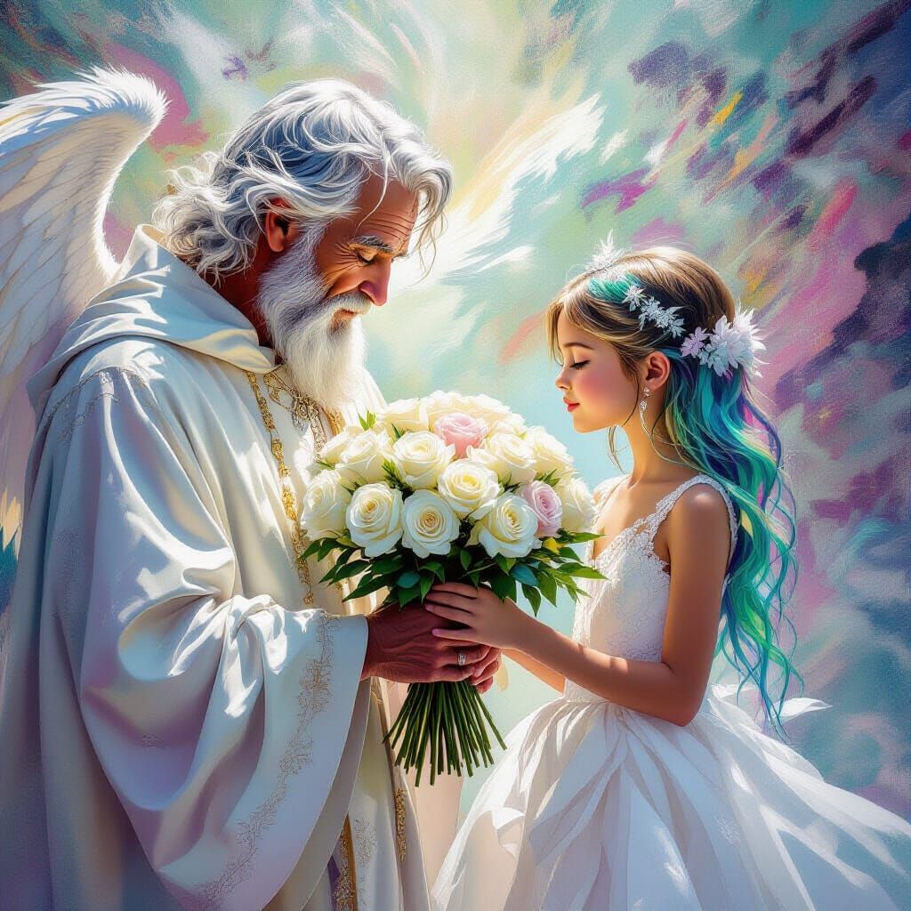 Emotional Angelic Scene with Roses in Street Art Style