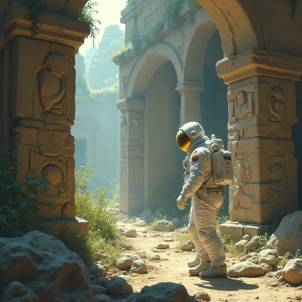 Astronaut Unveils Ancient Ruins Secrets in Futuristic Style