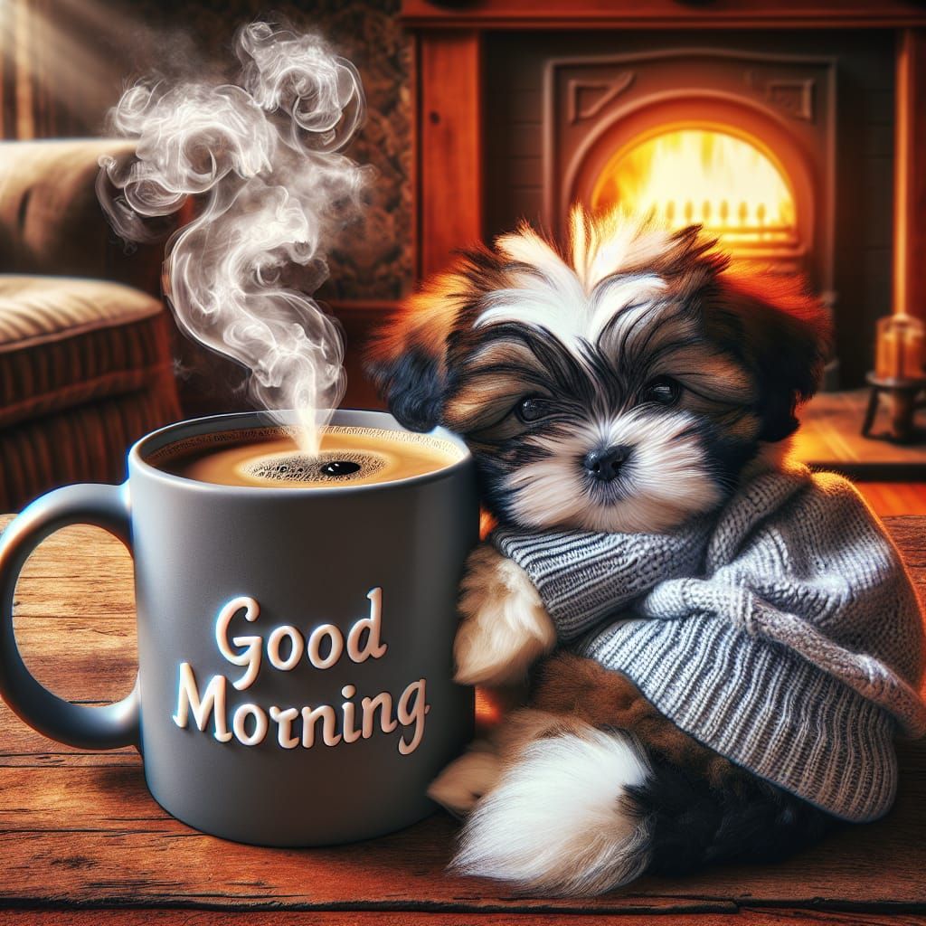 Shih Tzu Puppy and Coffee: A 3D Rendered Good Morning