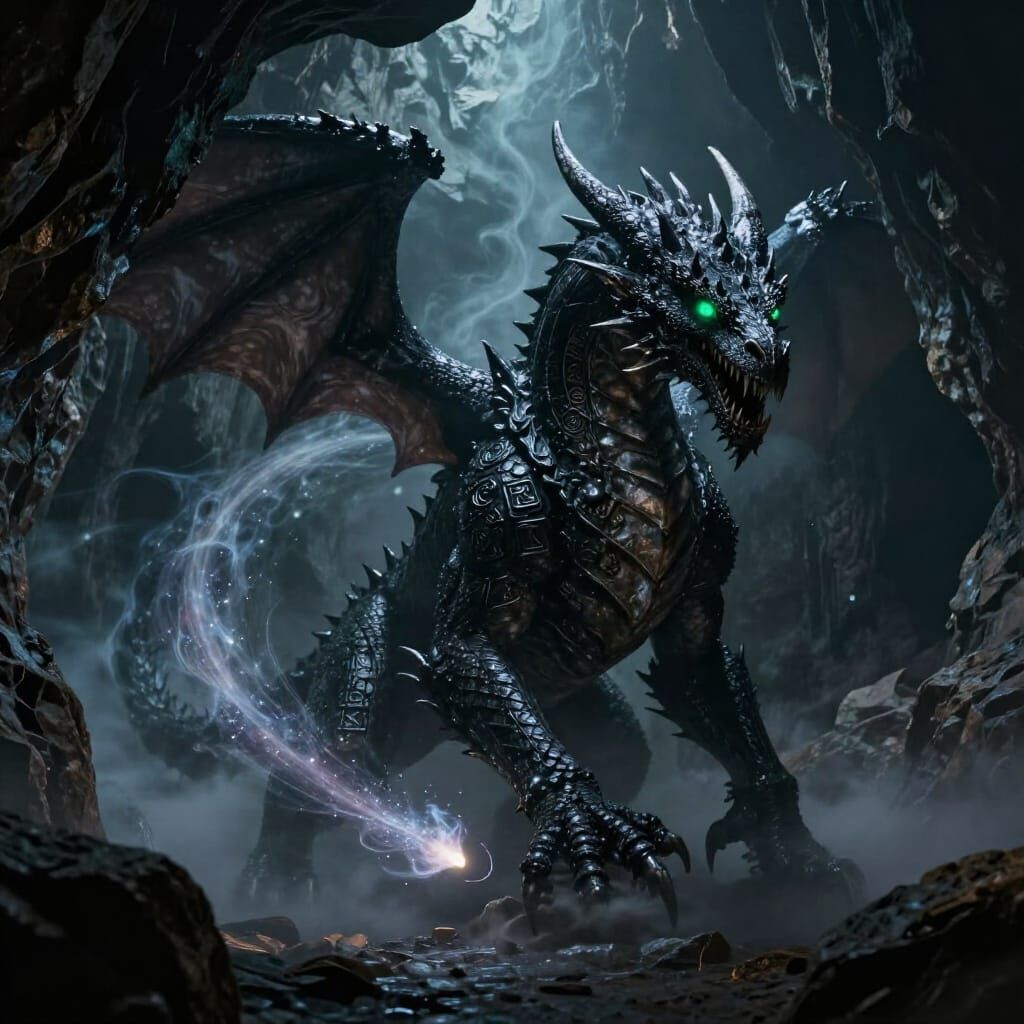 Colossal Obsidian Dragon Emerges in Ethereal Mist