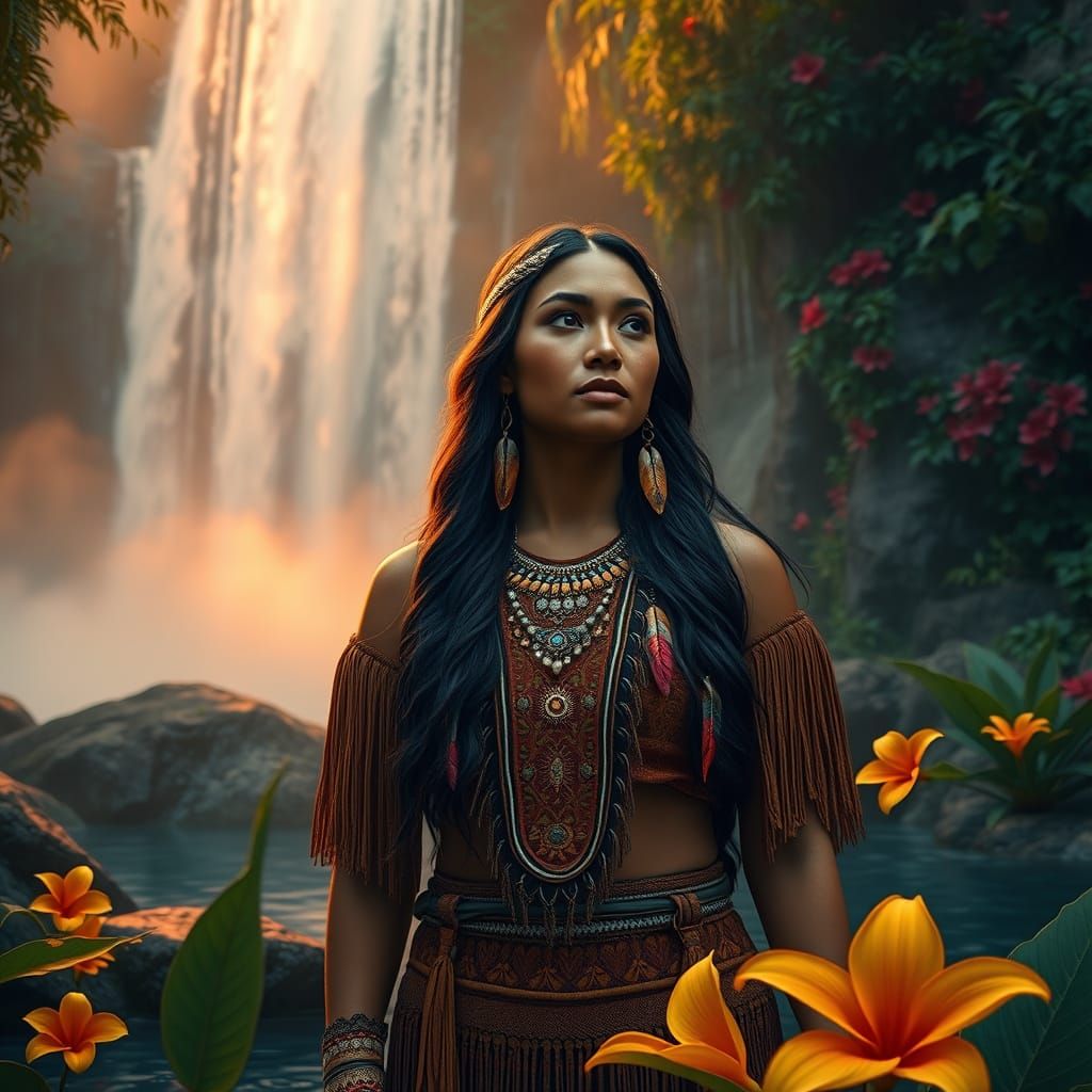 Serenely Standing Choctaw Indian Woman in Waterfall Sunset