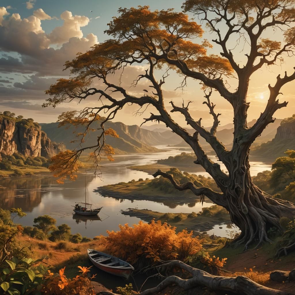 Fantastical Landscape Painting at Golden Hour