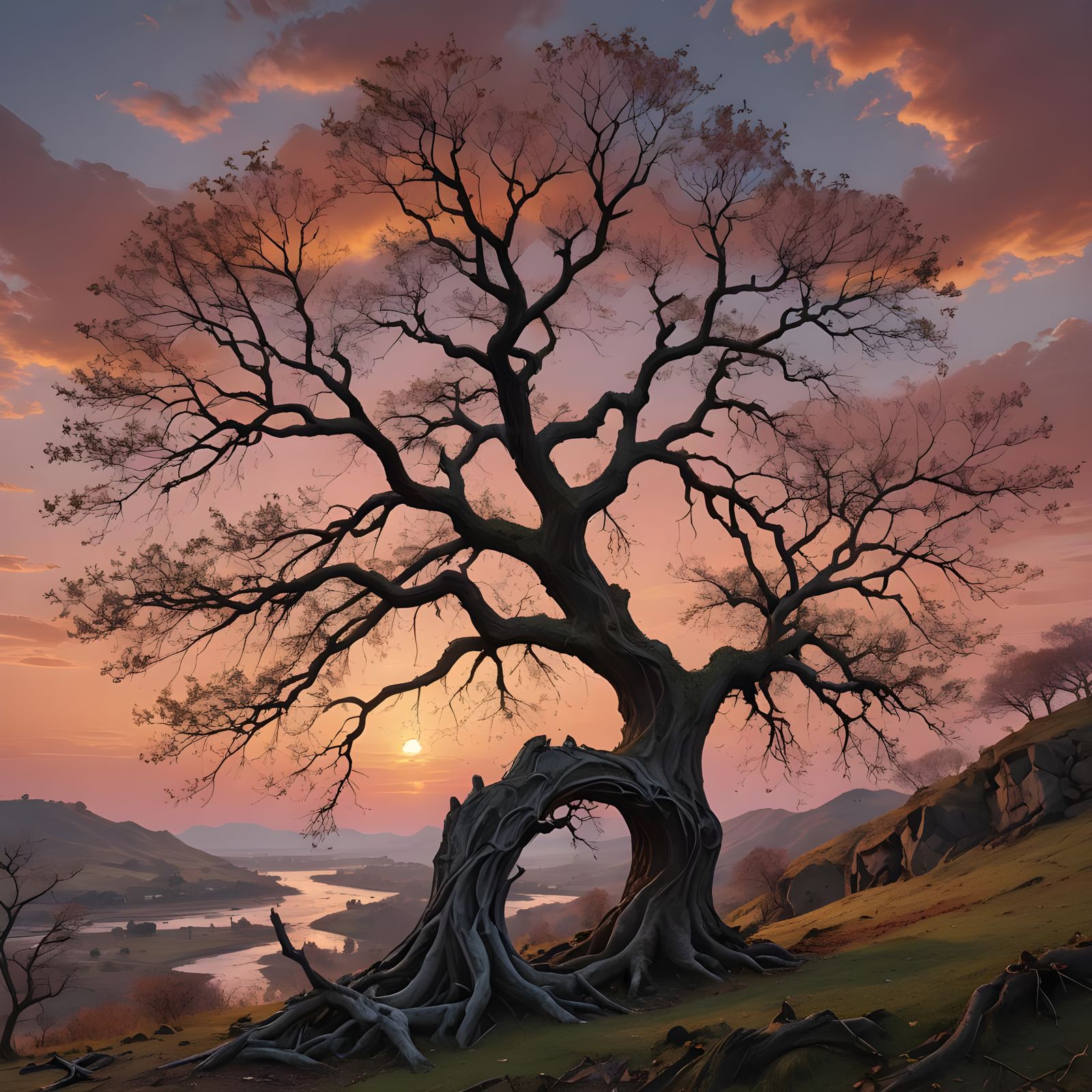 Lonely Tree Sunset Landscape in Detailed Matte Painting