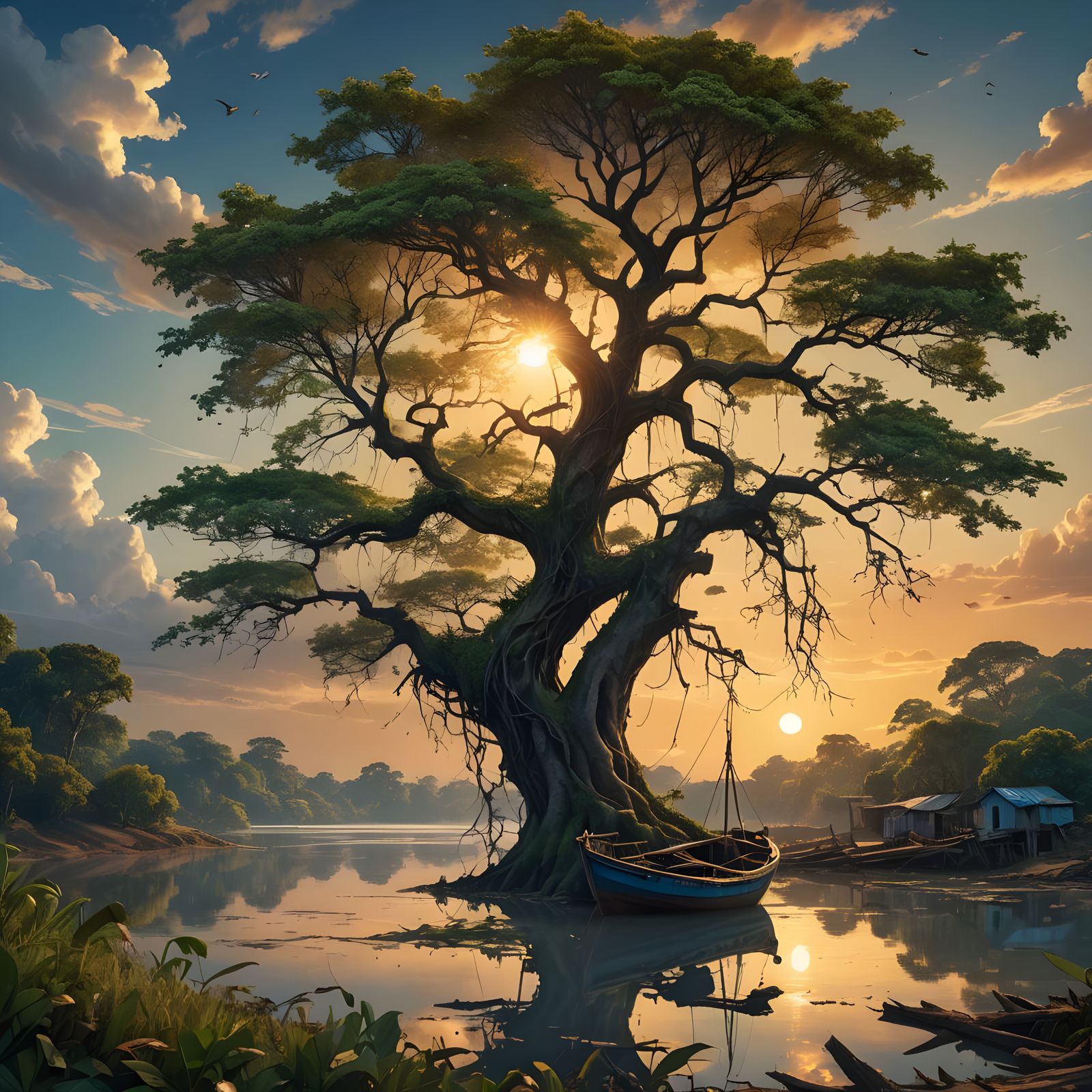 Lonely Tree at Sunset by Orinoco River