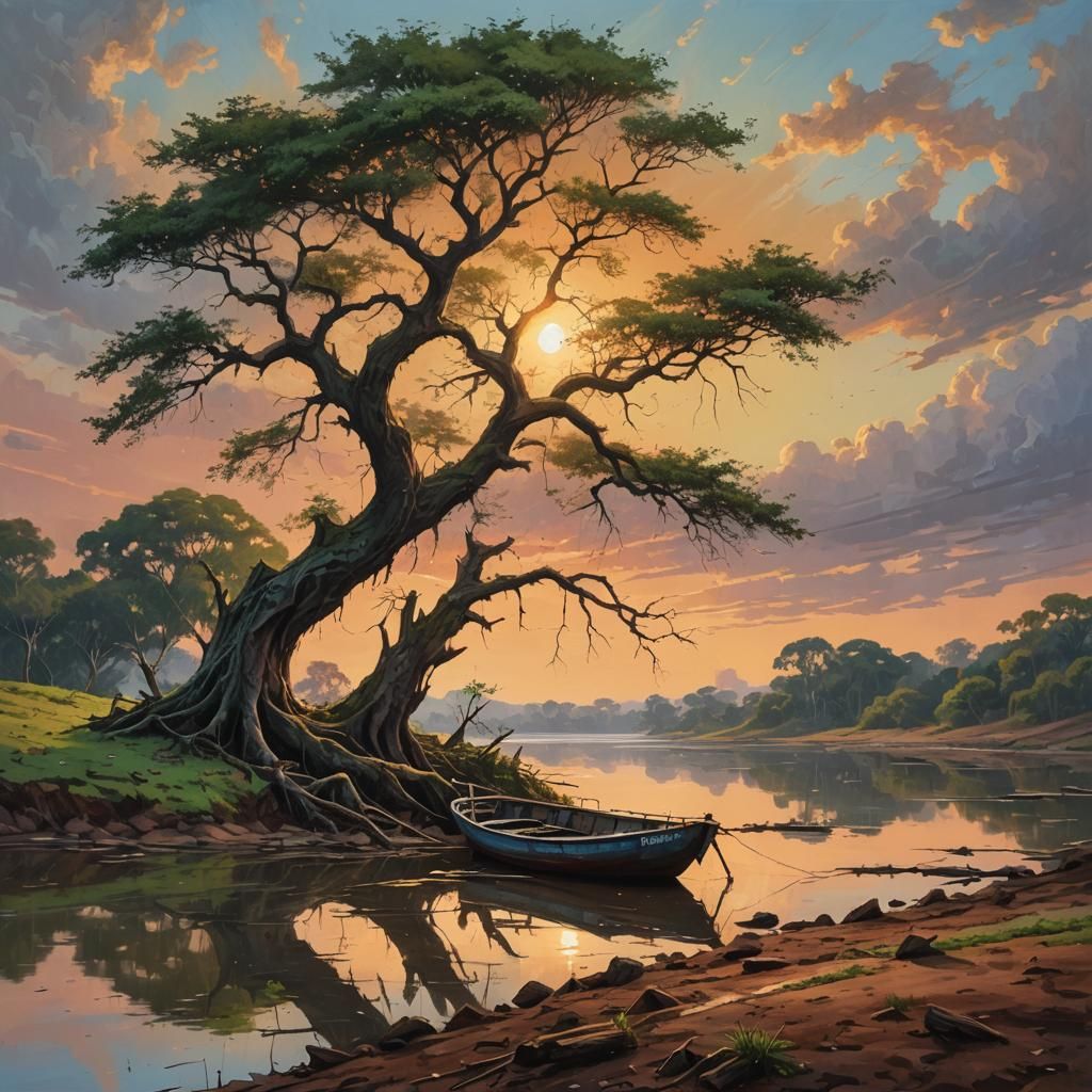Lonely Tree and Boat at Sunset: Art Nouveau Landscape