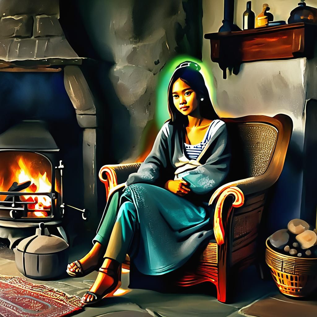 Filipina Woman Relaxing by Hearth in Armchair