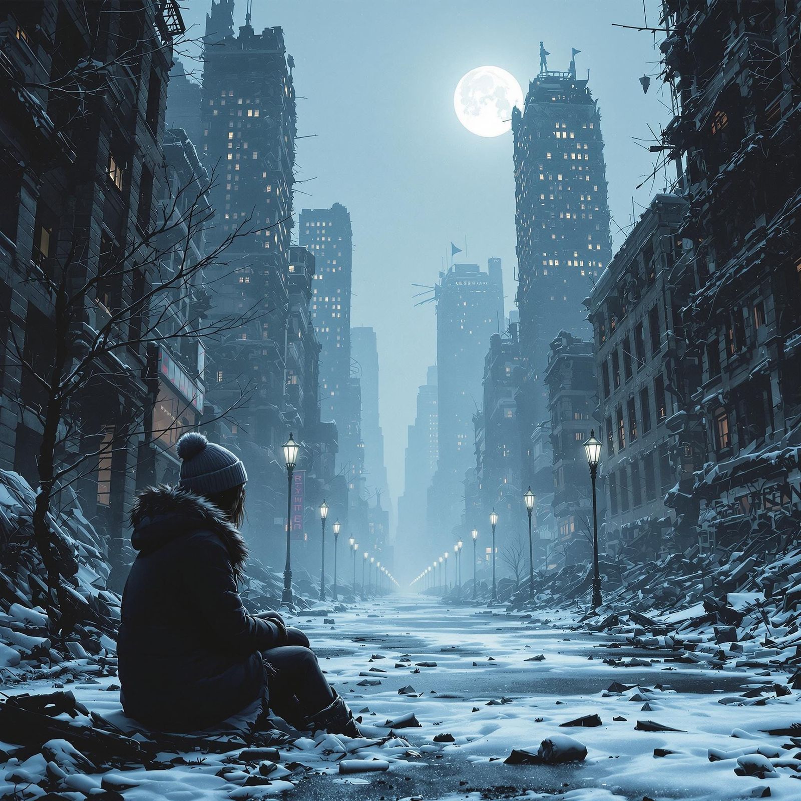 A Despondent Woman in a Ravaged Cityscape at Night