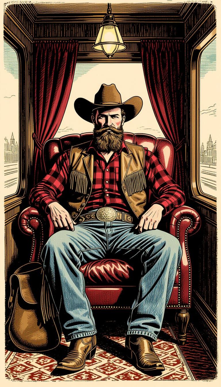 1870s Cowboy in Luxurious Train Compartment