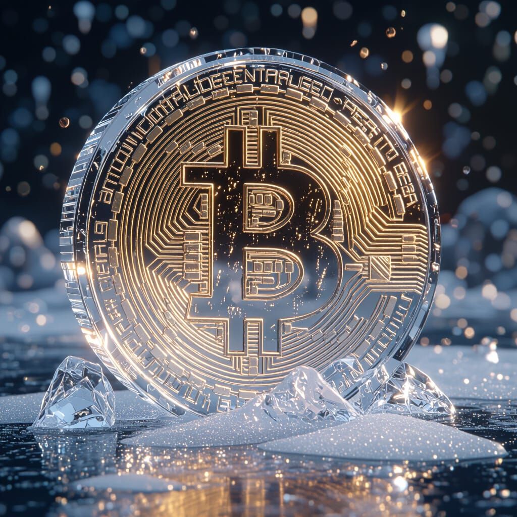 Icy Bitcoin Coin in 3D Anime Art Style